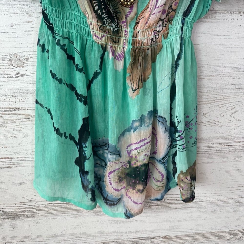 BOSTON PROPER Sheer Beaded Embellished Flutter Sleeve Baby Doll Blouse L Boho - Picture 6 of 10